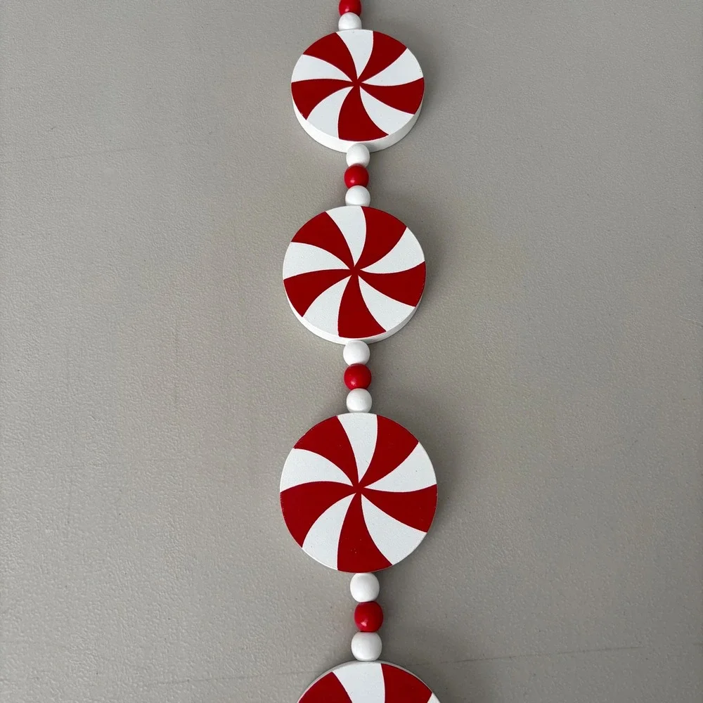 Hobby Lobby Peppermint Candy Wooden Bead Garland Red White Christmas Decor 24in